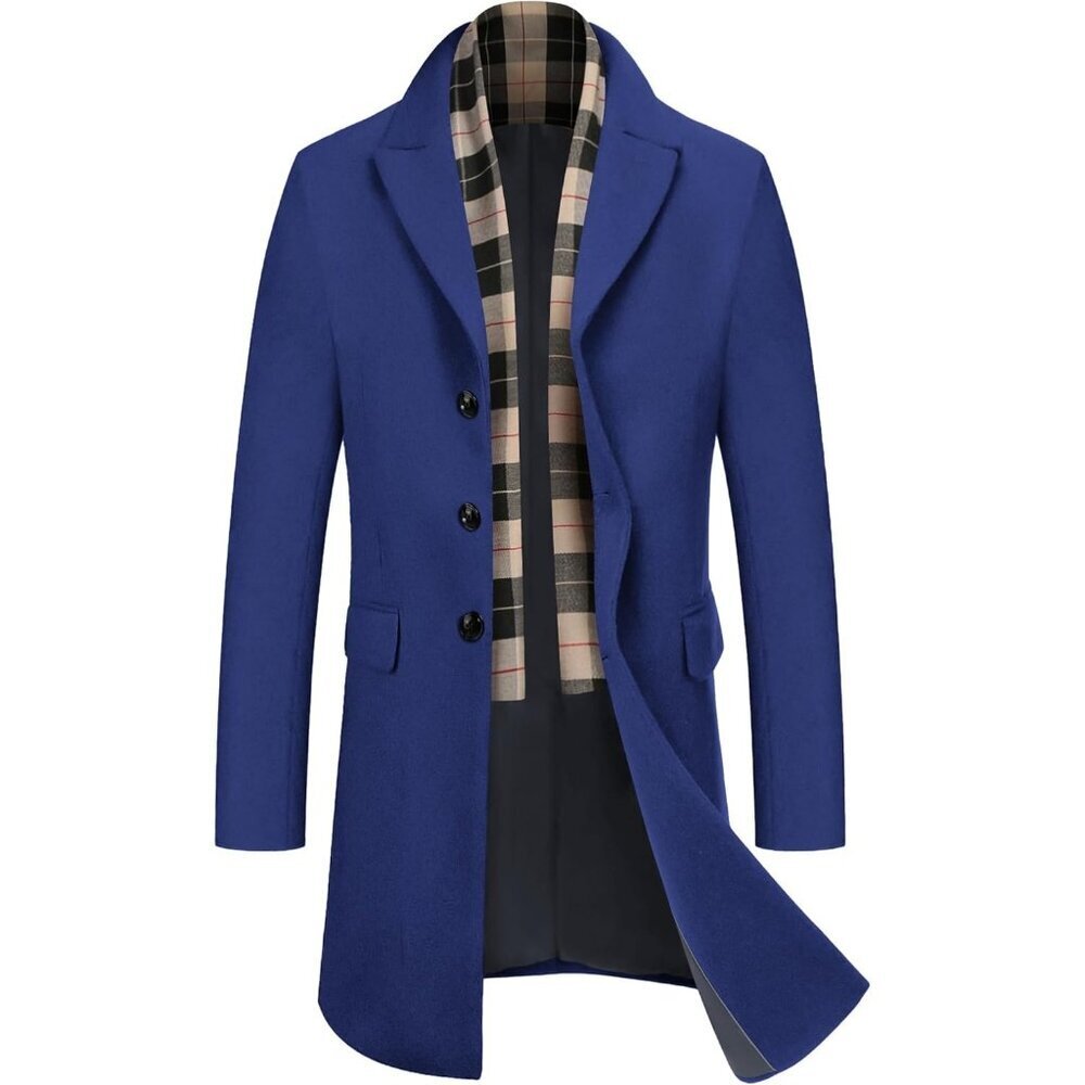 Men's Navy Trench Overcoat Wool Blend Coat with Detachable Single Breasted